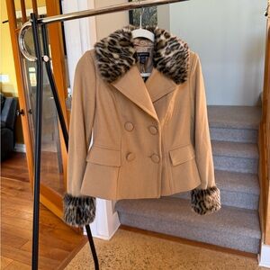 INC International Concepts Tan Pea Coat with Leopard Trim